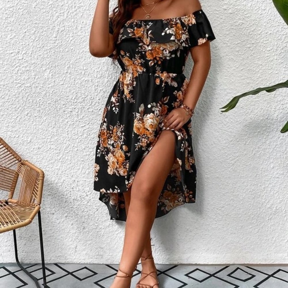 SHEIN VCAY Plus Floral Print Off The Shoulder Ruffle Trim Dress